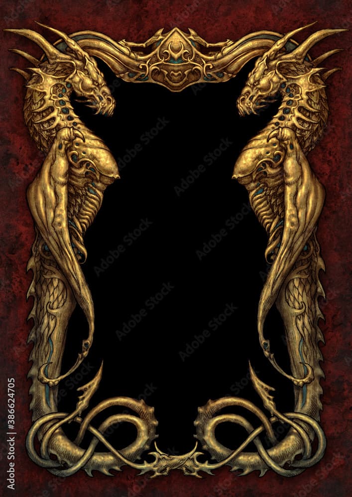 Fantasy golden dragon frame background - digital illustration Stock ...