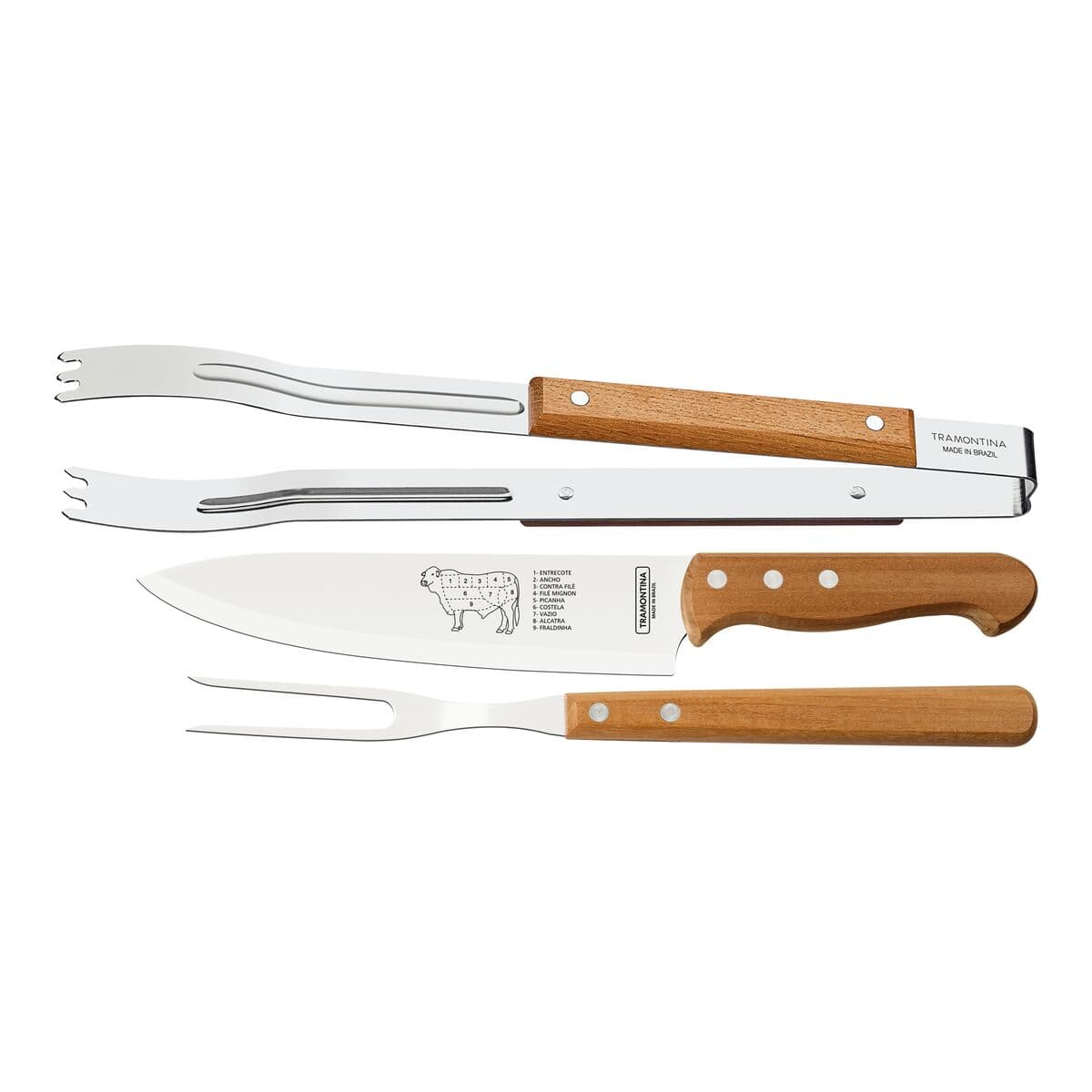 Tramontina 3-Piece Barbecue Set with Stainless-Steel Blades and Natural ...