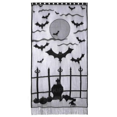 Halloween Curtains Black Bats Lace Window Curtain Spooky Door Panels ...