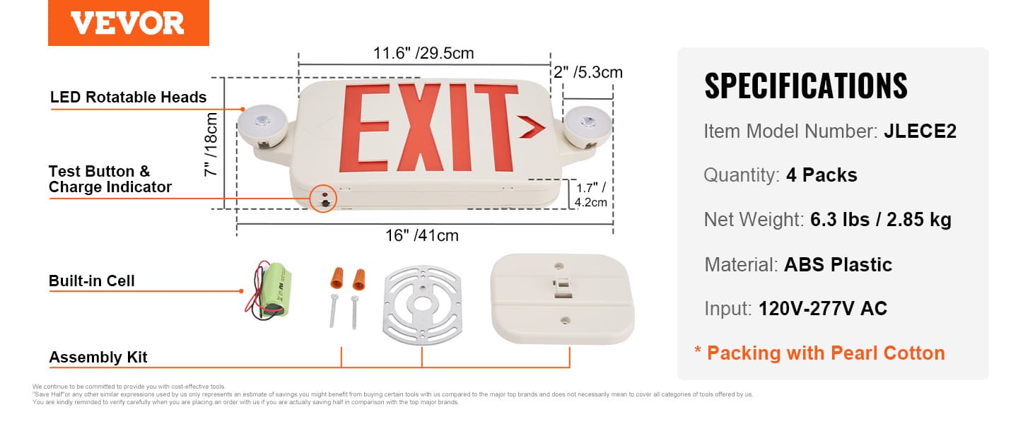VEVOR LED Exit Sign with Emergency Lights, Two LED Adjustable Heads ...