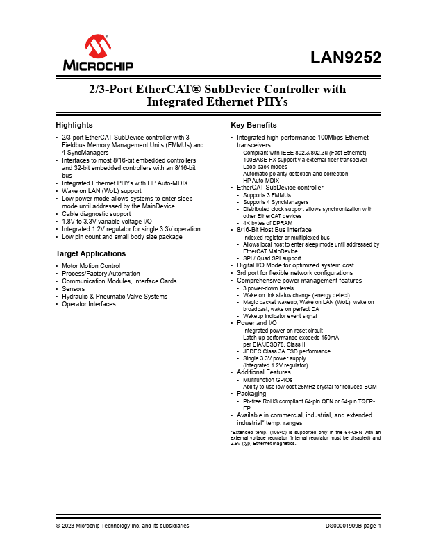 LAN9252 Datasheet (2/3-Port EtherCAT Slave Controller) | Microchip ...