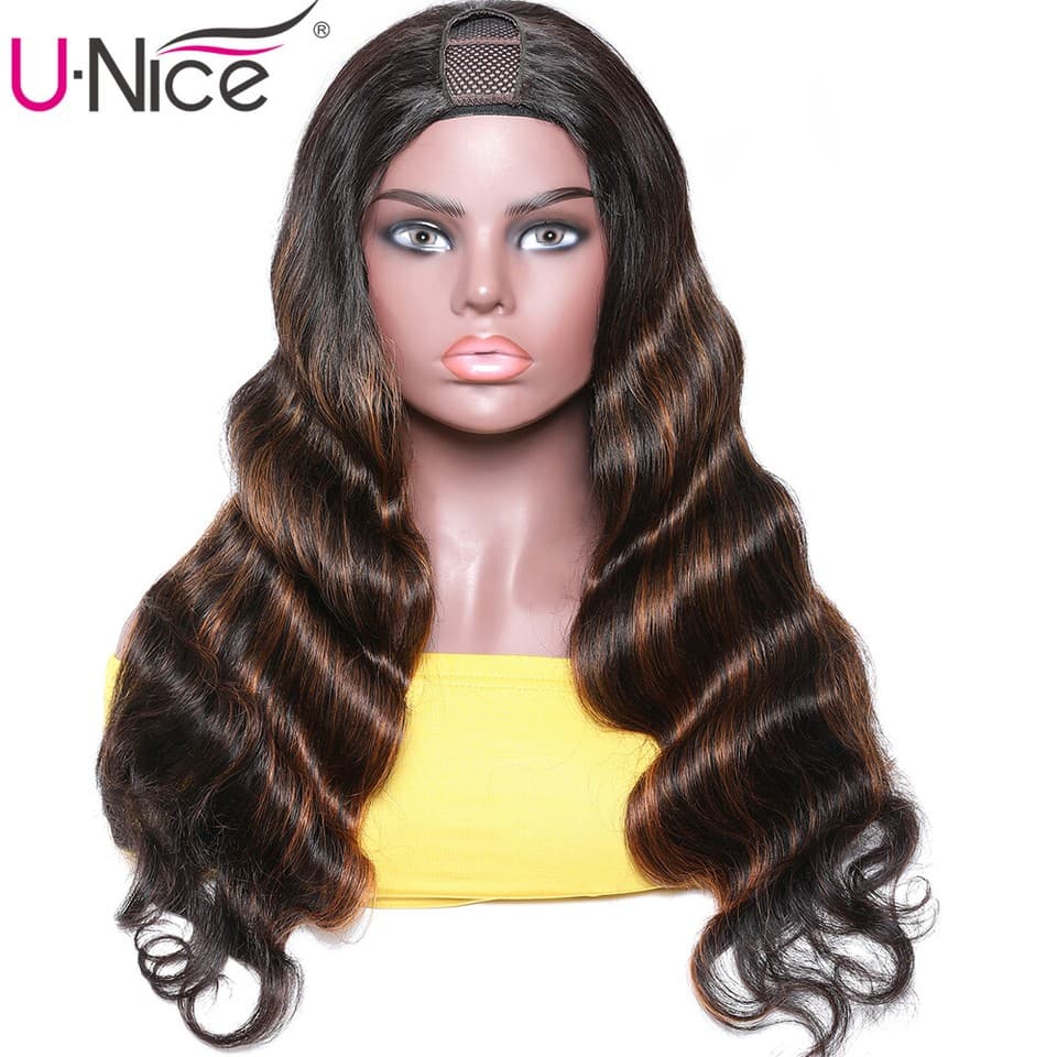 UNice Brazilian Ombre Balayage Brown Body Wave U Part Human Hair Wig 16 ...
