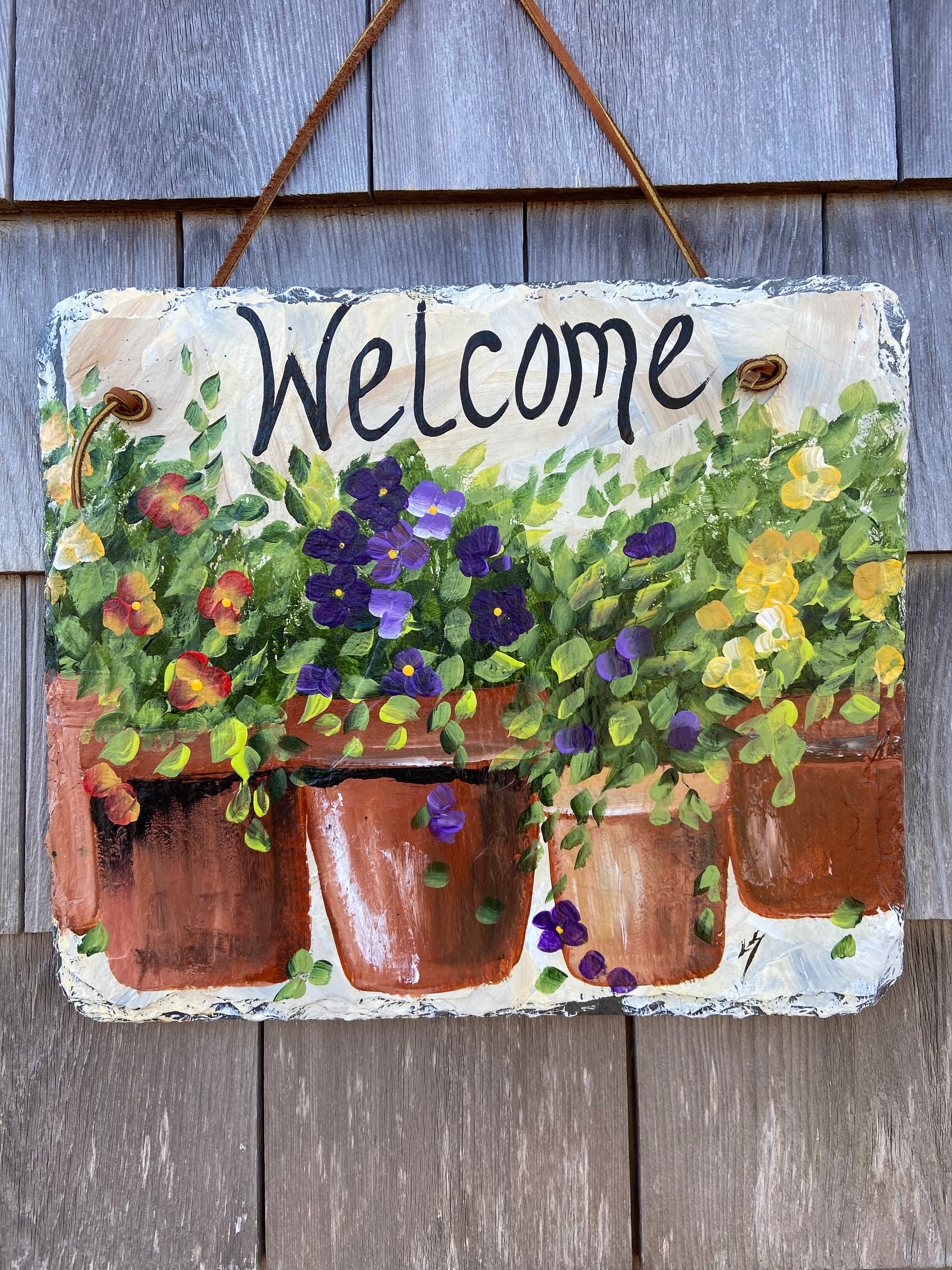 Slate Welcome Sign: Spring Floral Door Hanger, painted garden sign