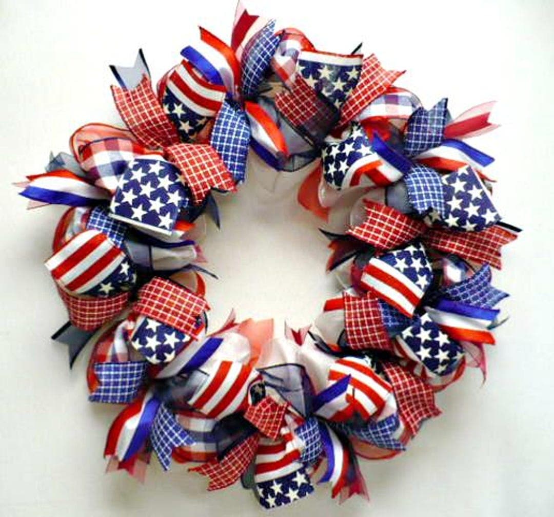 Red White Blue Patriotic Ribbon Wreath, 4th July Front Door Decor - Etsy