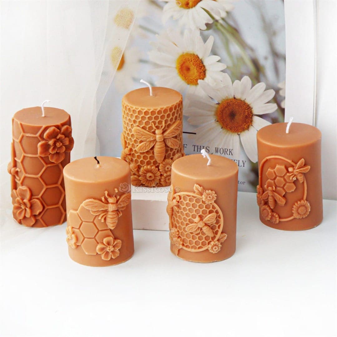 Embossed Bee Pillar Candle Silicone Mold-5 Styles Honeycomb Candle Mold ...