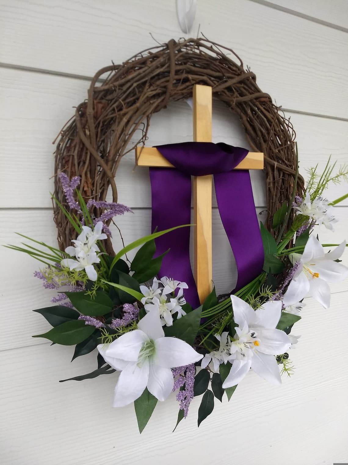 Easter Wreath With Cross and Easter Lilies, Draped Cross Wreath, Cross ...