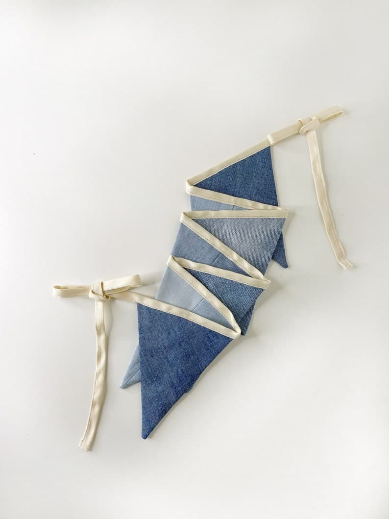 DENIM FLAGS GARLAND, Blue Fabric Bunting Banner, Cotton Triangle ...