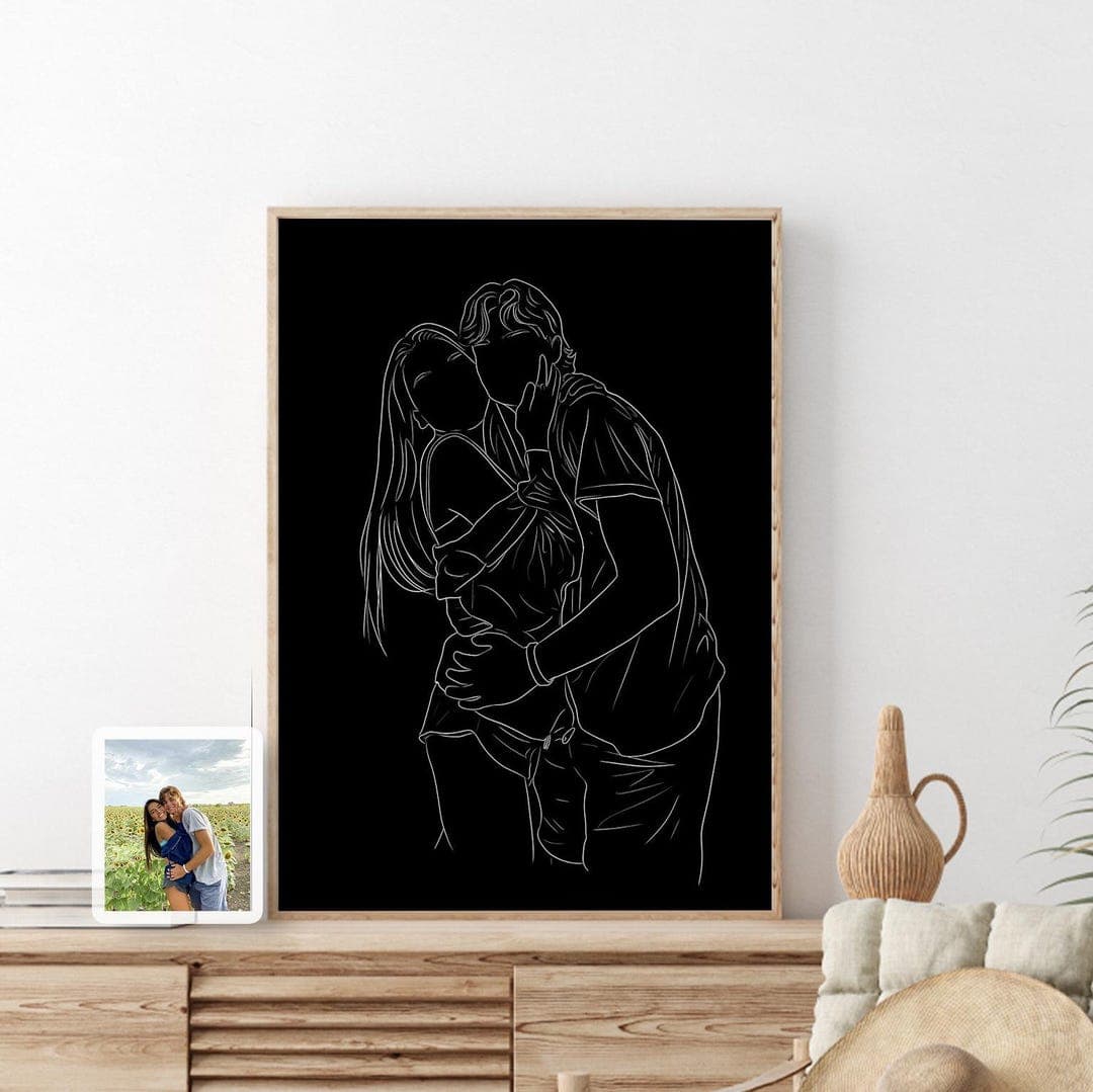 Personalized White Line Art Print, Portrait From Photo, Black Back ...