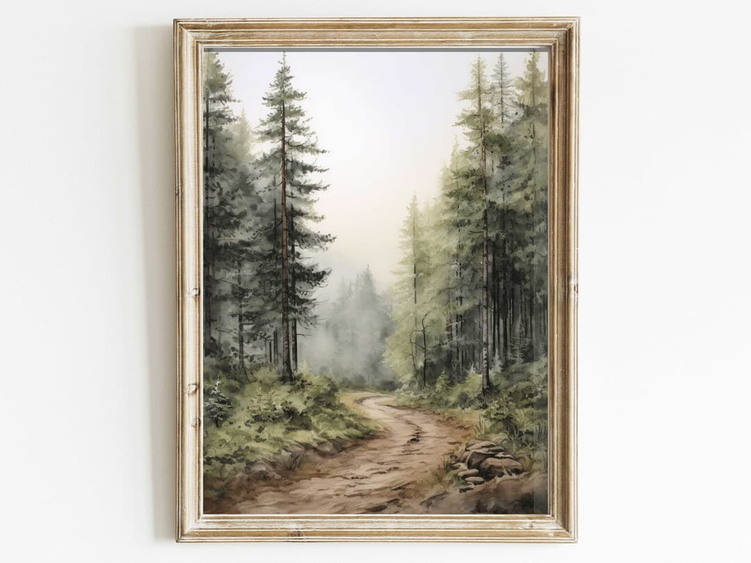 Watercolor Forest Path Wall Art, Rustic Home Decor, Vintage Nature ...