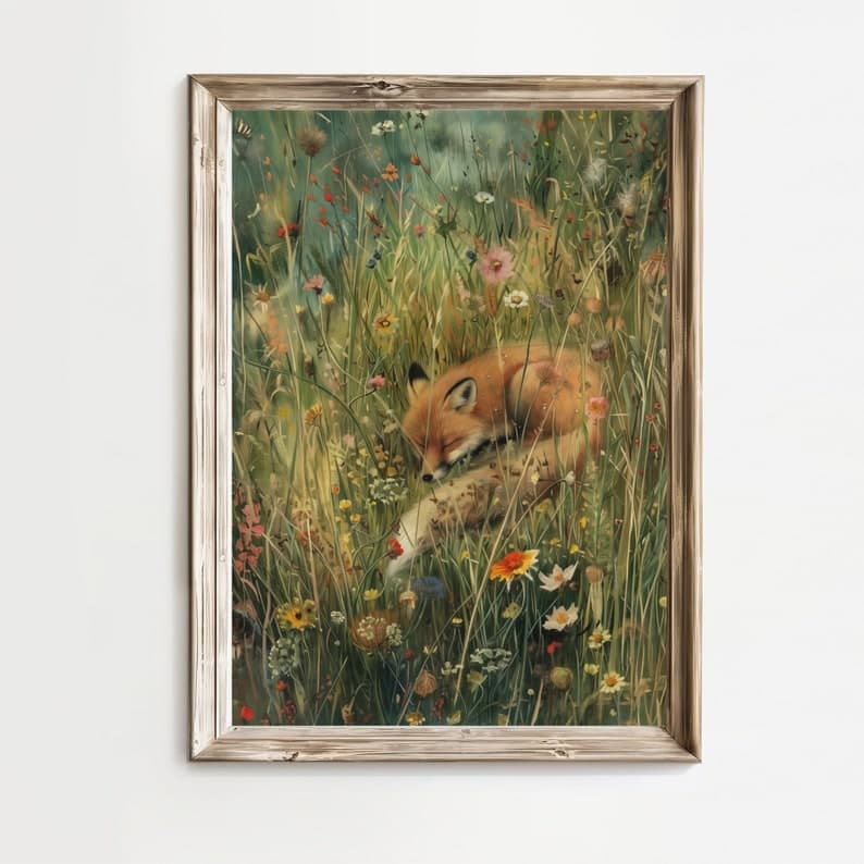 Fox in Wildflowers Print, Fox Print, Vintage Floral Wall Art, Vintage ...