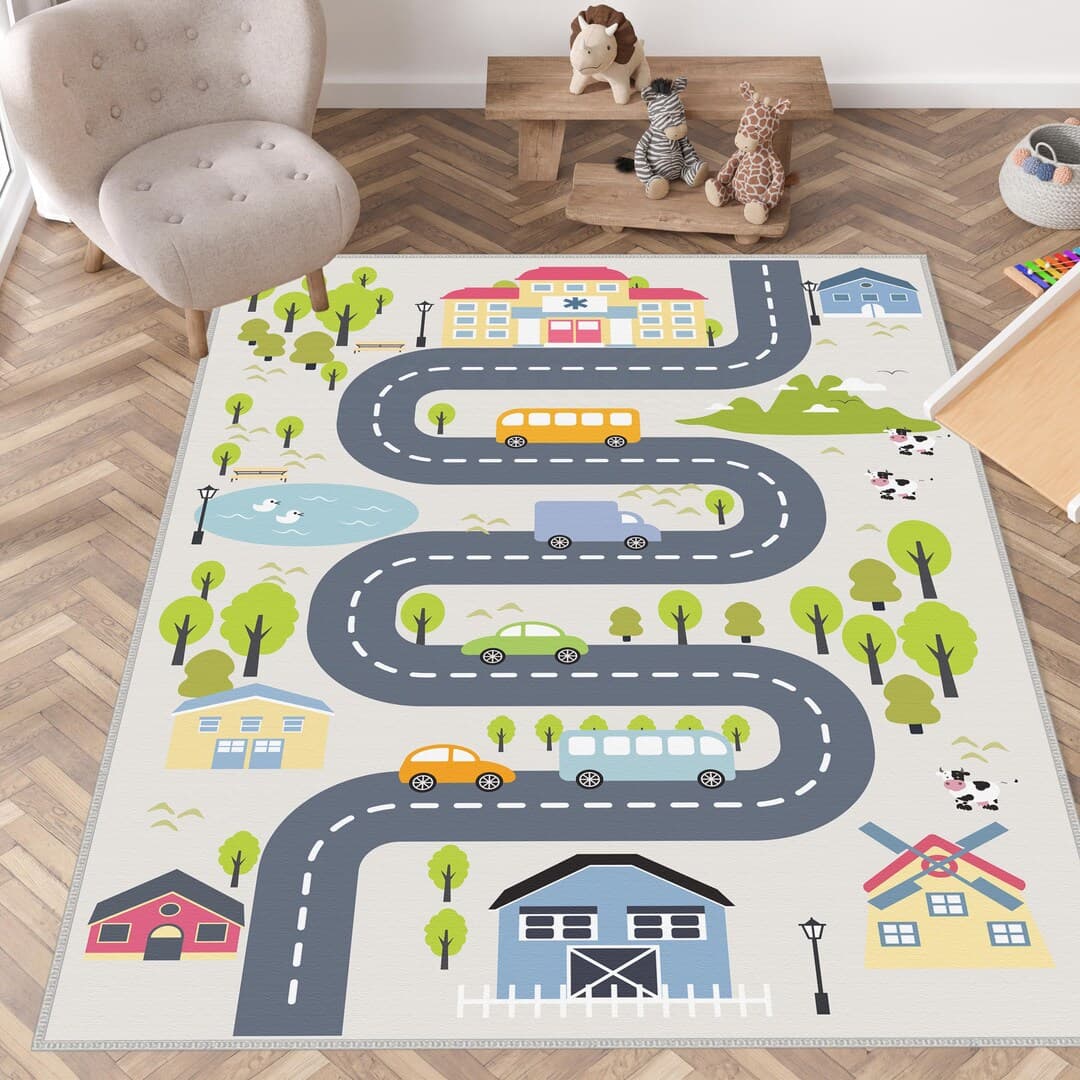 Road Map Design Kids Rug, Colorful City Playroom Mat, Traffic Car Kids ...