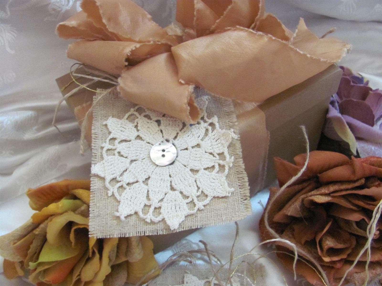 4 Beautiful Linen Doily Gift Tags Hang Tags Fabric Basket Bin Labels ...