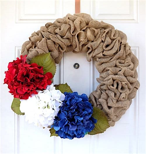 Patriotic Burlap Wreath with Hydrangeas