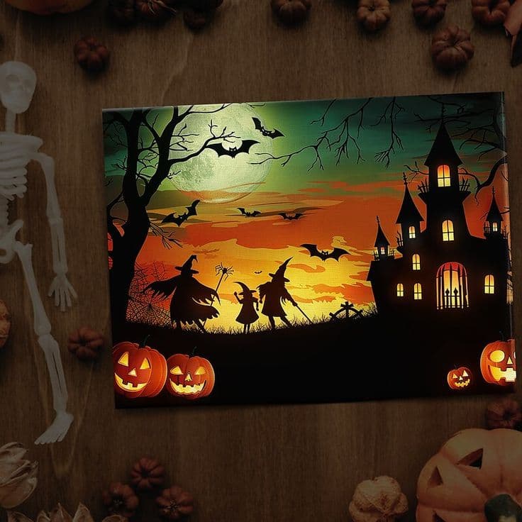 Halloween Haunted House Silhouette LED Canvas Wall Art - Battery ...