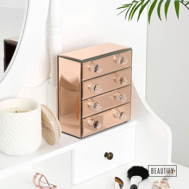 Beautify Mirrored Rose Gold Glass Jewelry Box with 4 Drawers, Glass ...