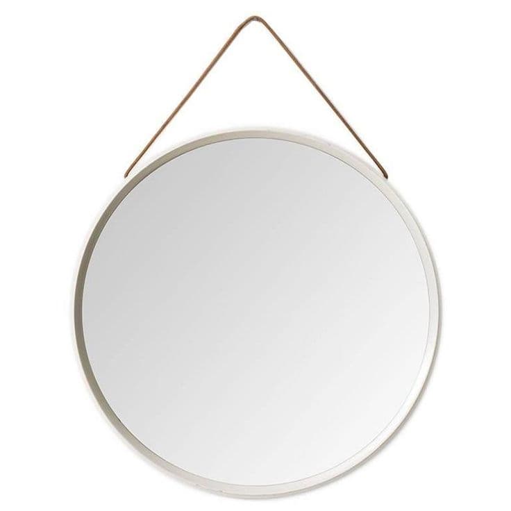 White Lacquered Round Mirror with Leather Strap | Mirrors with leather ...