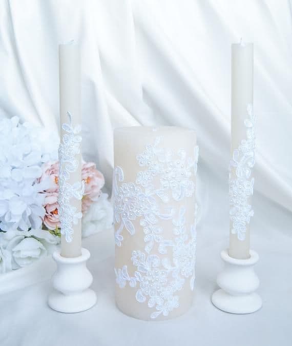 Ivory Wedding Unity Candle Set with White Lace and Pearl