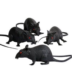 Halloween Decor - Set of 3 Black Rat Figurines with Red Eyes and Tail
