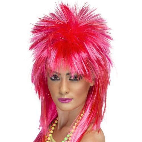 Sparkle Rock Diva Wig, Neon Pink, Long Mullet 80s Fancy Dress Costume ...