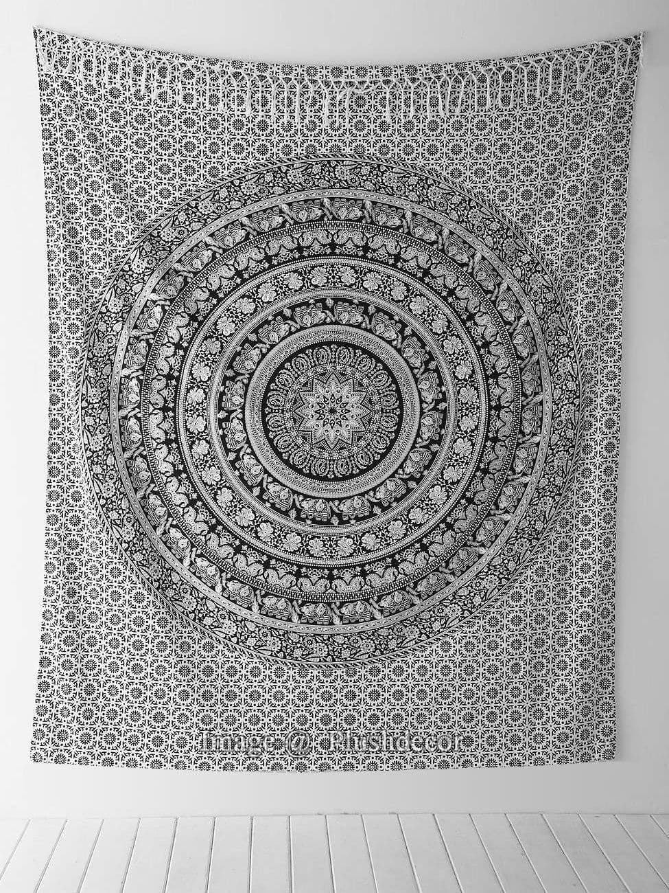 Jaipur Handloom Black & White Elephant Mandala Tapestry, Hippie ...