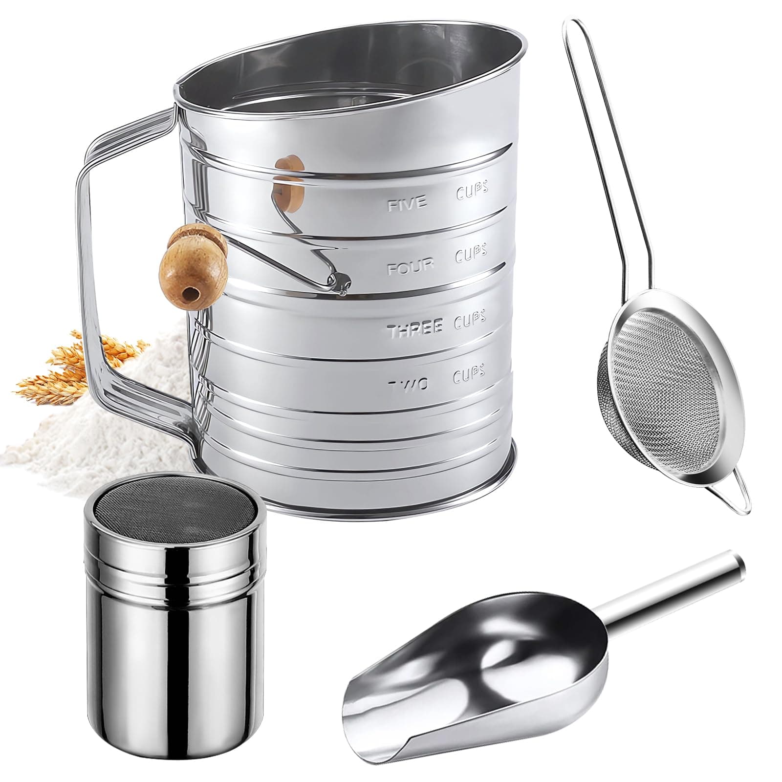 Flour Sifter,5 Cup with Scale Stainless Steel Flour Sifters,4 in 1 ...
