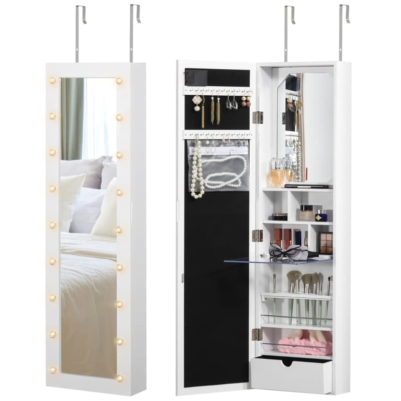 HOMCOM Jewelry Armoire with Mirror and 18 LED Lights Wall-Mounted/Over ...