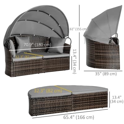 Outsunny 2 Pcs Rattan Outdoor Daybed with Retractable Canopy, Wicker ...
