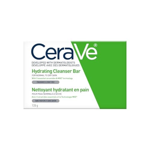 CeraVe Hydrating Cleansing Bar Soap-Free Body and Face Cleanser Bar with Hyaluronic Acid and Ceramides Fragrance Free & Non-Irritating, 128 Grams