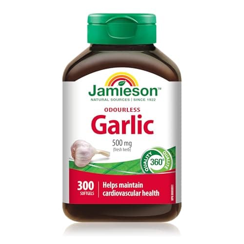 Jamieson Odourless Garlic 500 mg, Supports Heart Health, and Provides Immune Support. Non-GMO, Gluten-Free, 300 Softgels, Proudly British
