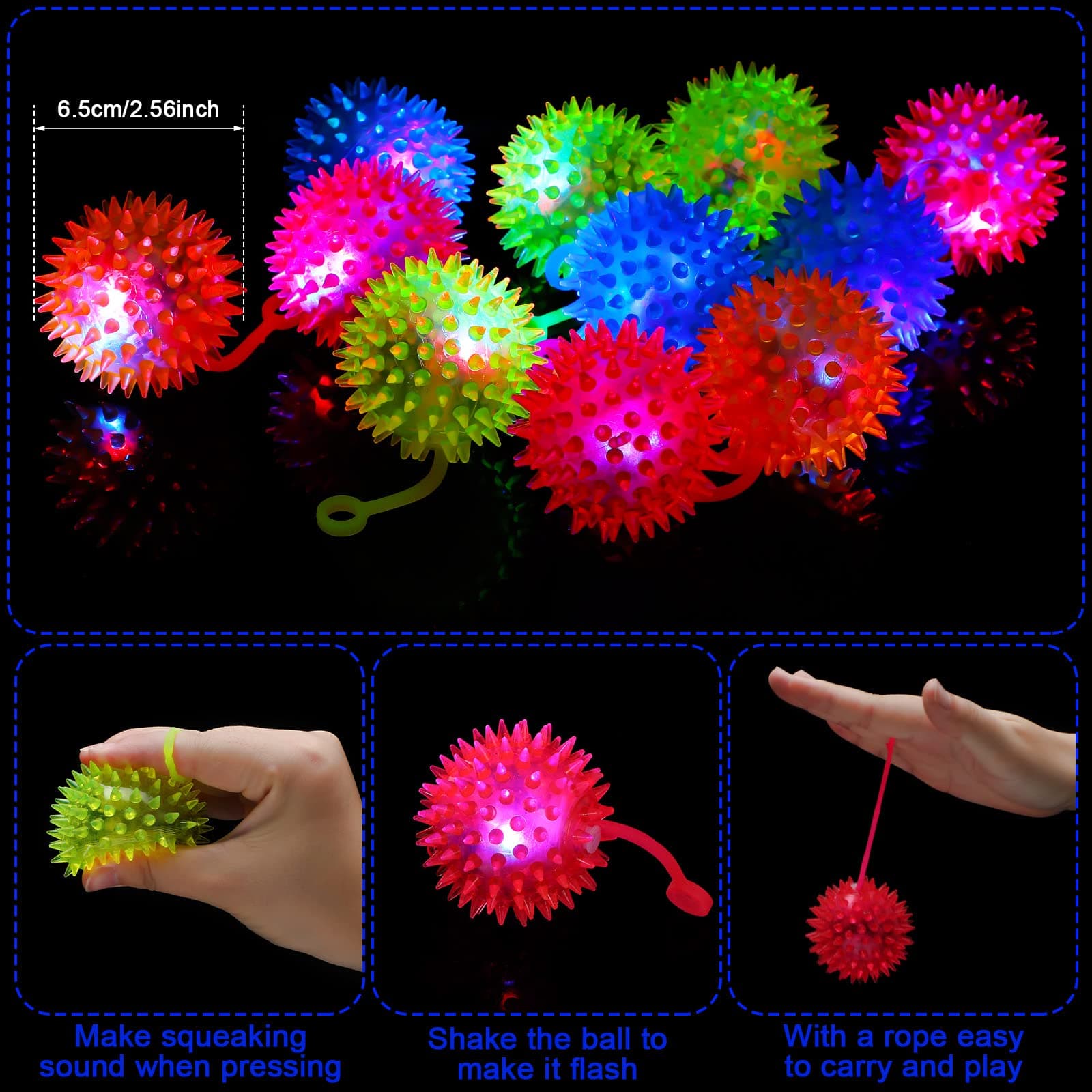 36 Pack Light Up Bouncy Balls for Kids LED Spiky Ball with Rope Fidget ...