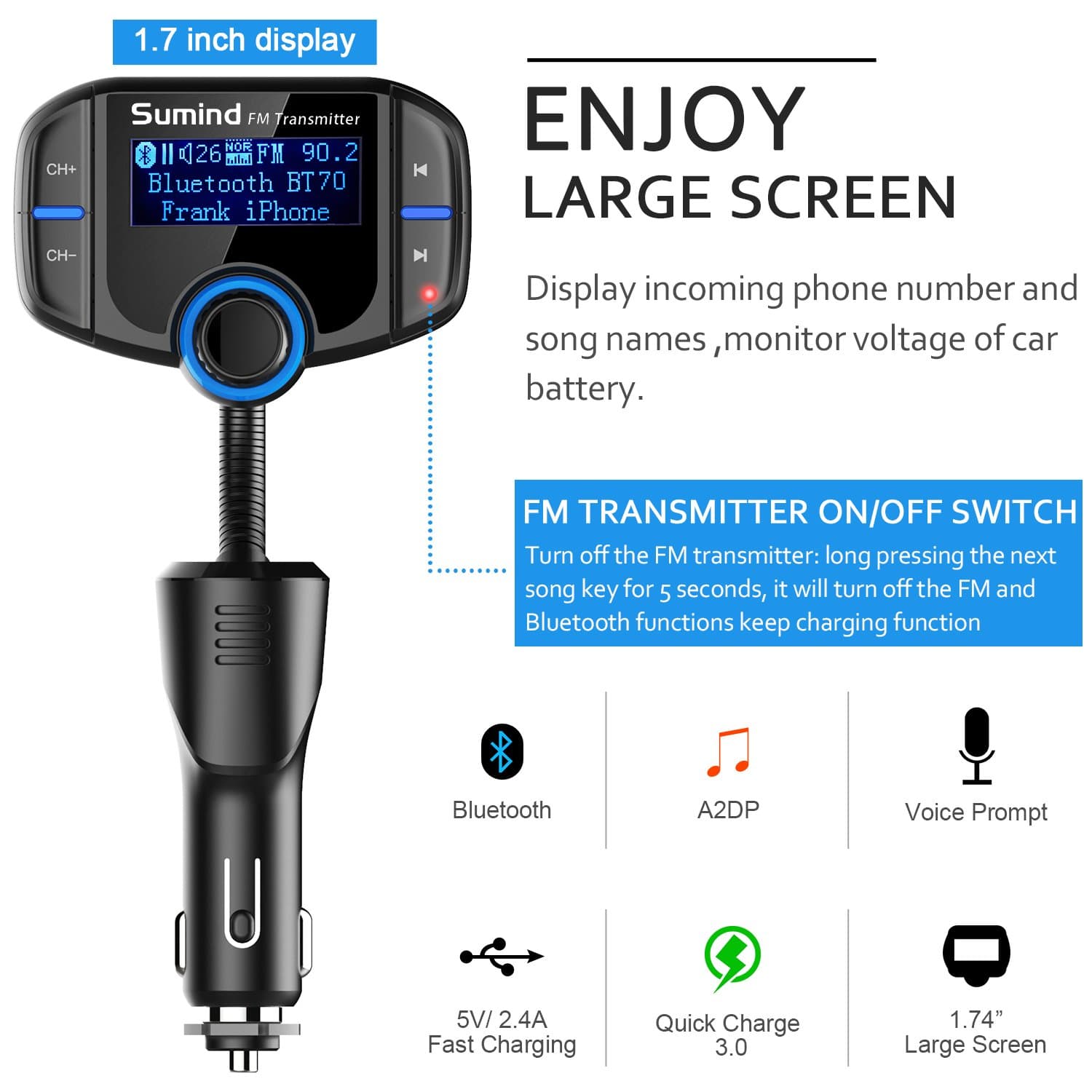 (Upgraded Version) Bluetooth FM Transmitter, Sumind Wireless Radio ...