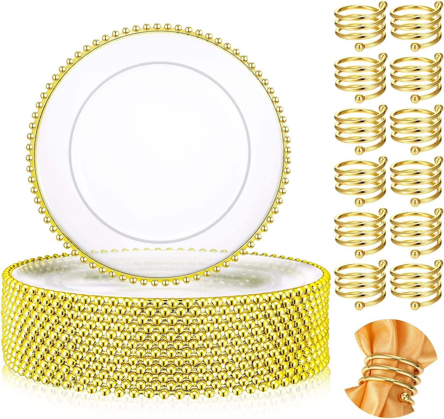 Amazon.com | Yinder 12 Set Gold Beaded Charger Plates and Napkin Rings ...