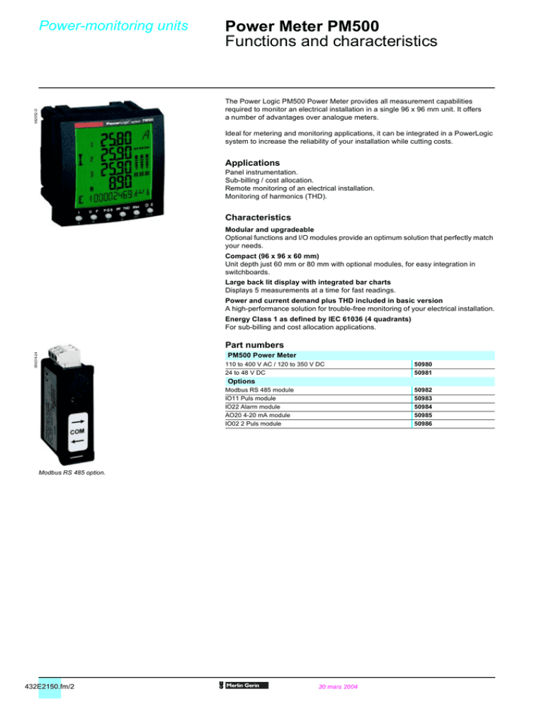 Power Meter PM500: Functions & Characteristics Datasheet