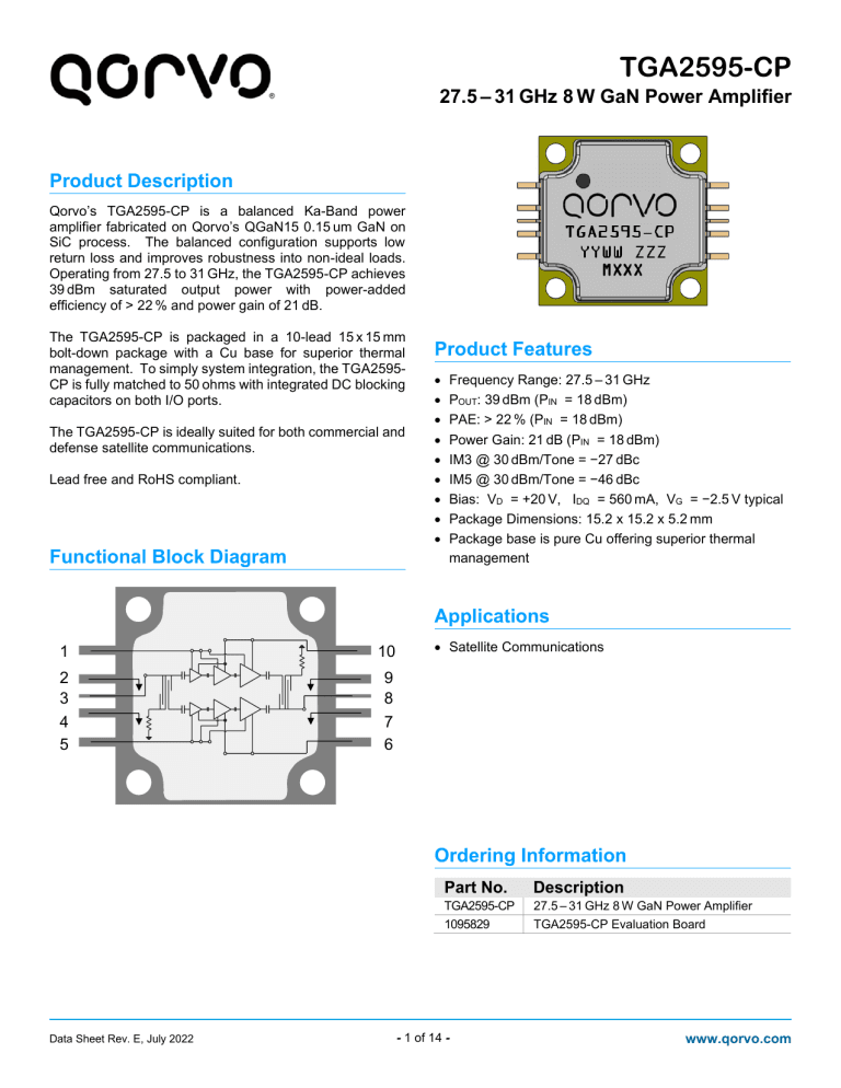 TGA2595-CP 8W GaN Power Amplifier Datasheet | Qorvo 27.5-31 GHz