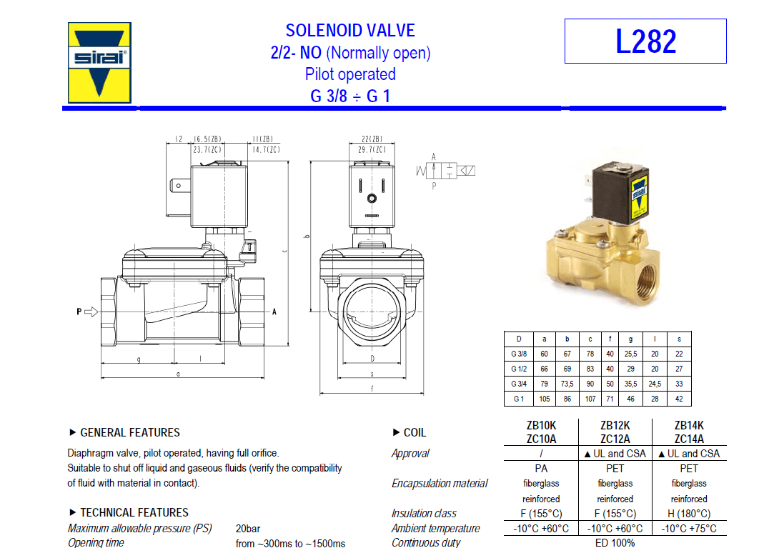 Sirai L282 Series Brass Solenoid Valve