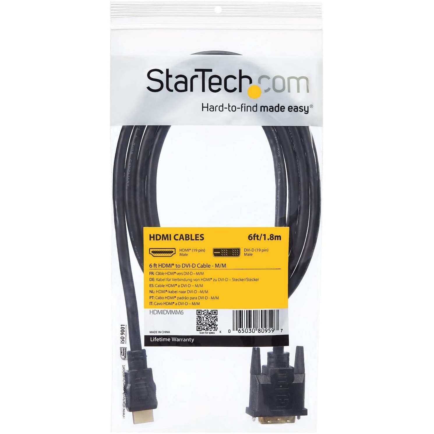 Startech .com HDMI to DVI Cable6 ft / 2mHDMI to DVI-D CableHDMI Monitor ...