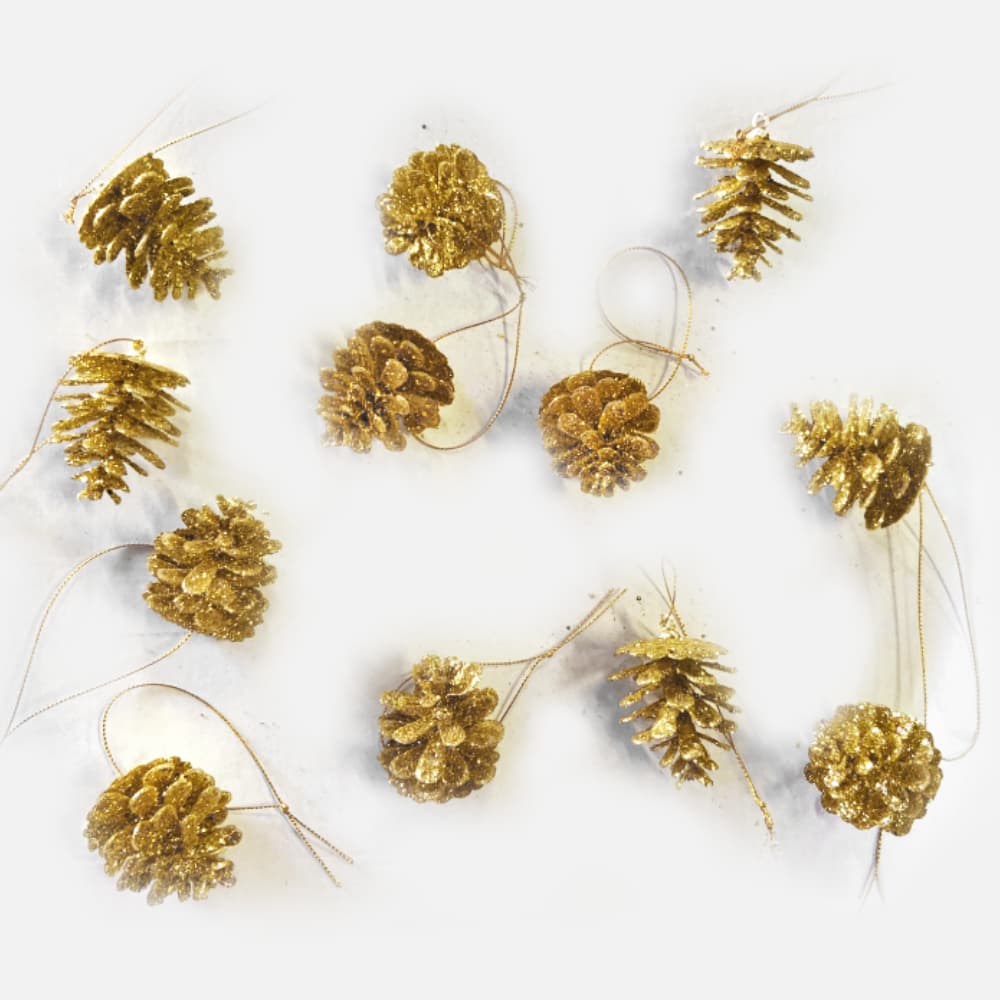 12pk Gold Glitter Hanging Pinecones 6cm Christmas Tree Decoration