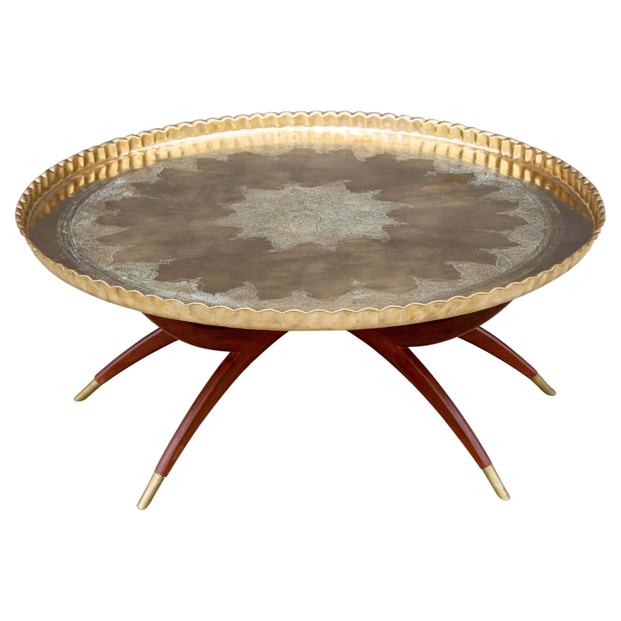 Large Midcentury Round Brass Tray Table on Folding Stand at 1stDibs