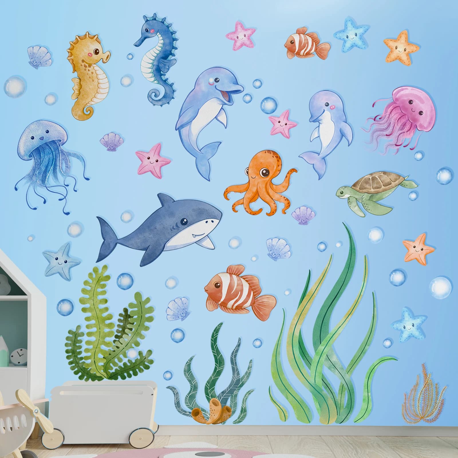 Ocean-Wall-Decals-Under-The-Sea-Turtle-Bathroom-Decor-Stickers-for-Kids ...