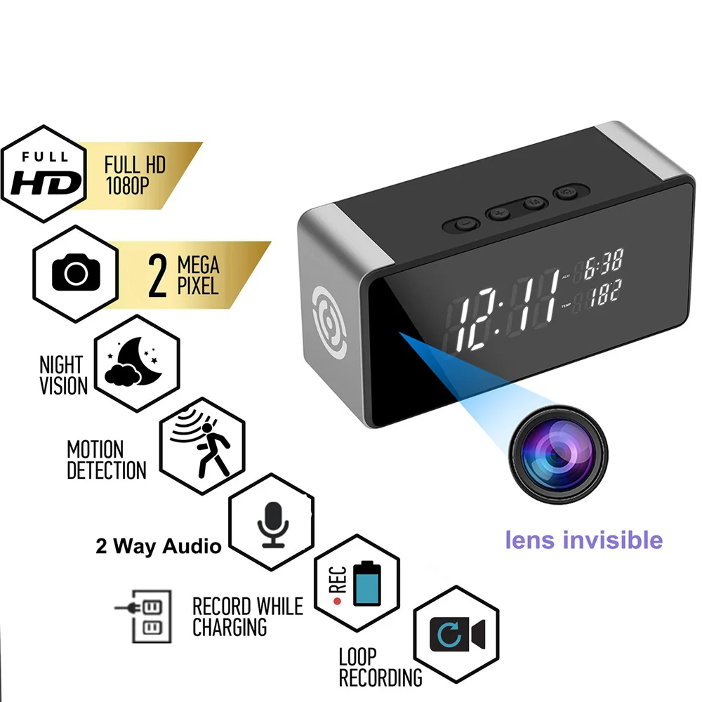 HD 1080P Alarm Clock Mini Camera Wifi Remote Monitoring Night Vision ...