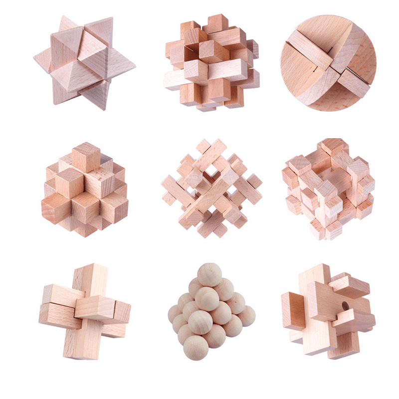 9 Pcs Set Wooden Kong Ming Lock Game Toys For Children Adults IQ Brain ...
