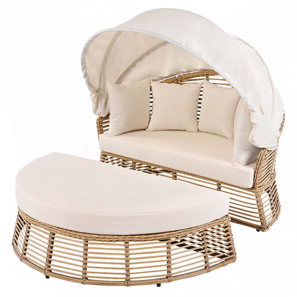 Dovecove Outdoor Patio Rattan Round Daybed with Retractable Canopy ...