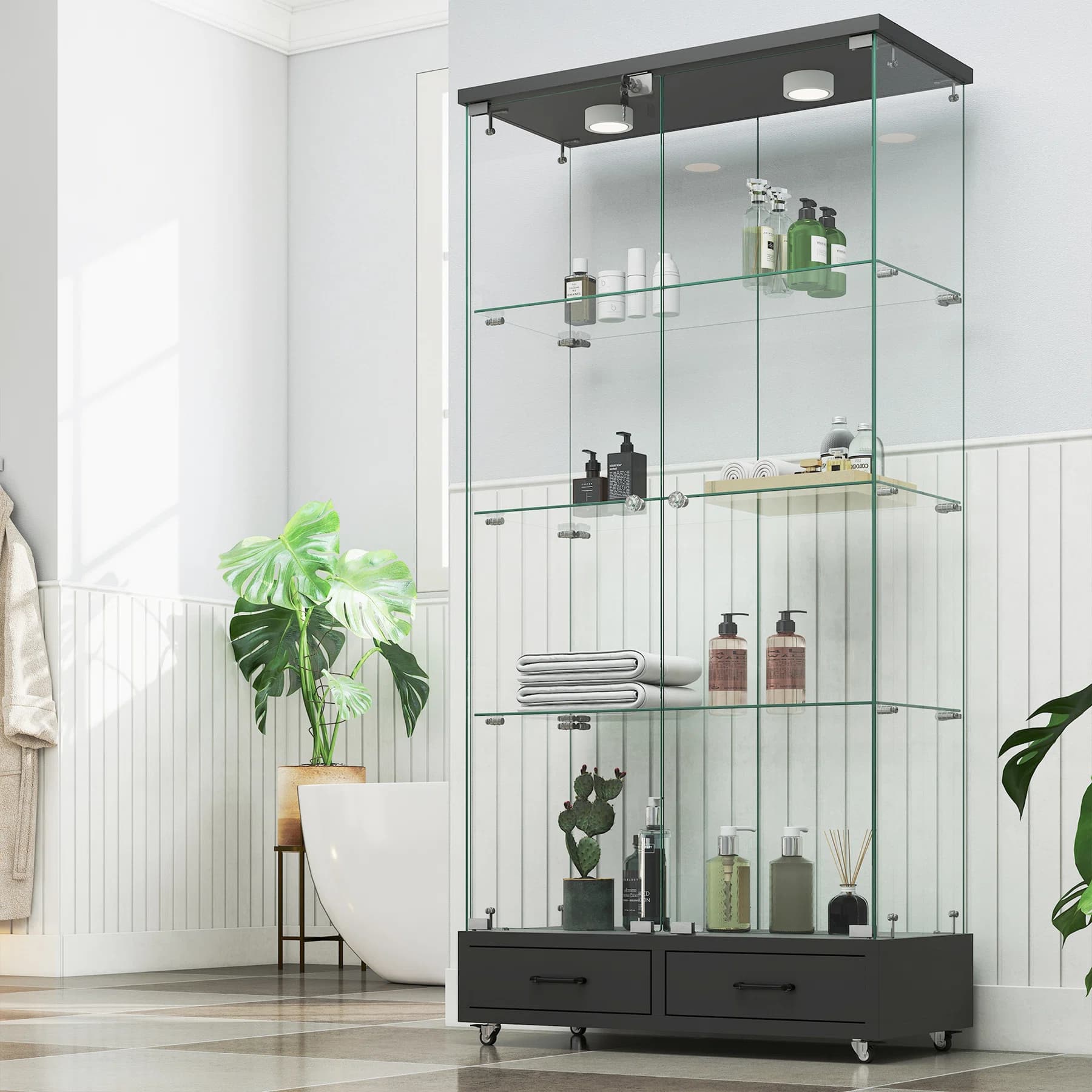 Orren Ellis Modern Glass Display Cabinet with 2 Large Drawers , Quick ...