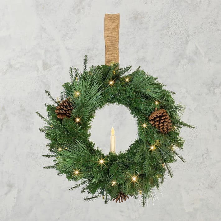 Balsam Hill Outdoor Winter Evergreen Pre-Lit Faux Wreath & Garland ...