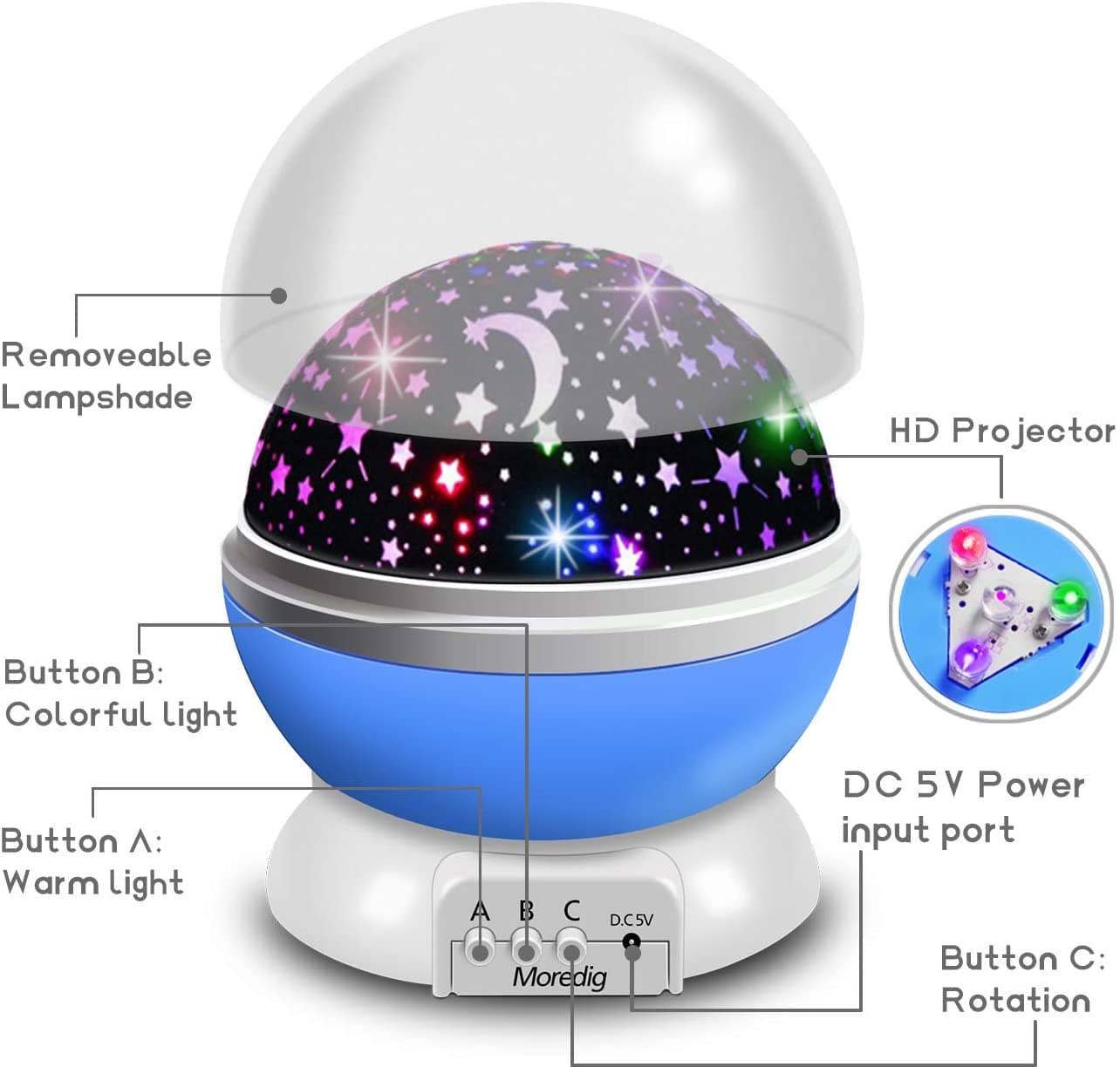 Moredig Baby Star Projector, 360° Rotation Night Light Projector for ...