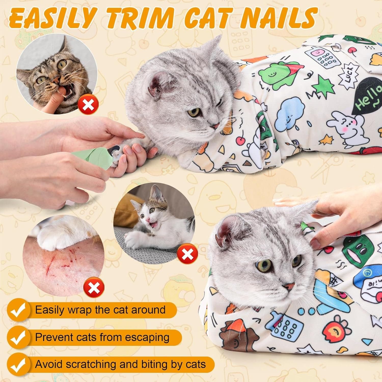 Self-Adherent Cat Grooming Wrap – Escape Proof Restraint for Nail ...