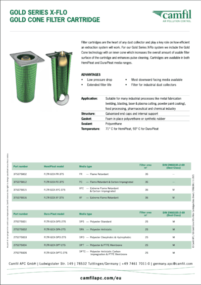 Data Sheet - Gold Series X-Flo Gold Cone Filter EN | Camfil APC