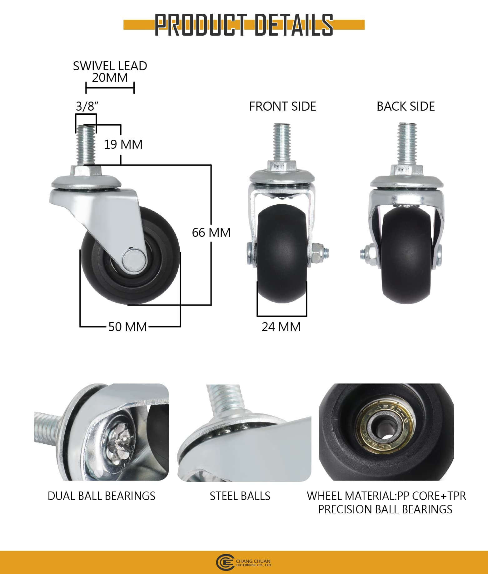 2 inch Rubber Wheel Caster with Swivel - IFA 05 (Threaded Stem)