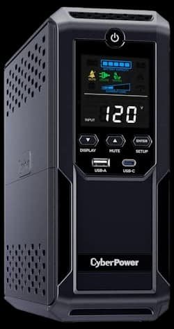 CyberPower CP1500AVRLCD3 Intelligent LCD UPS System, 1500VA/900W, 12 Outlets, 2 USB Ports, AVR, Mini Tower, Black