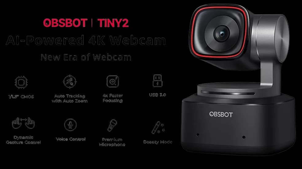OBSBOT Tiny 2 Lite AI-Powered 4K PTZ Webcam with Advanced CMOS Sensor ...